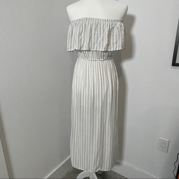 [AQUA] WHITE STRIPED RUFFLE OFF-SHOULDER DRESS W/ TIE-WAIST & SLIT - Picture 5 of 6